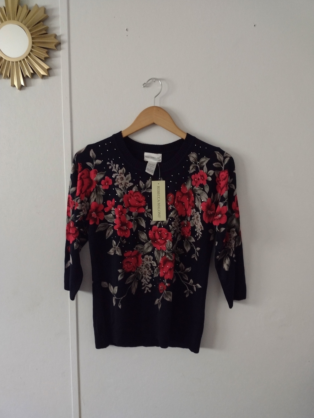 Rebecca Malone Multicolored Floral Rose Print Knit Womens Long Sleeve Sweater Sm